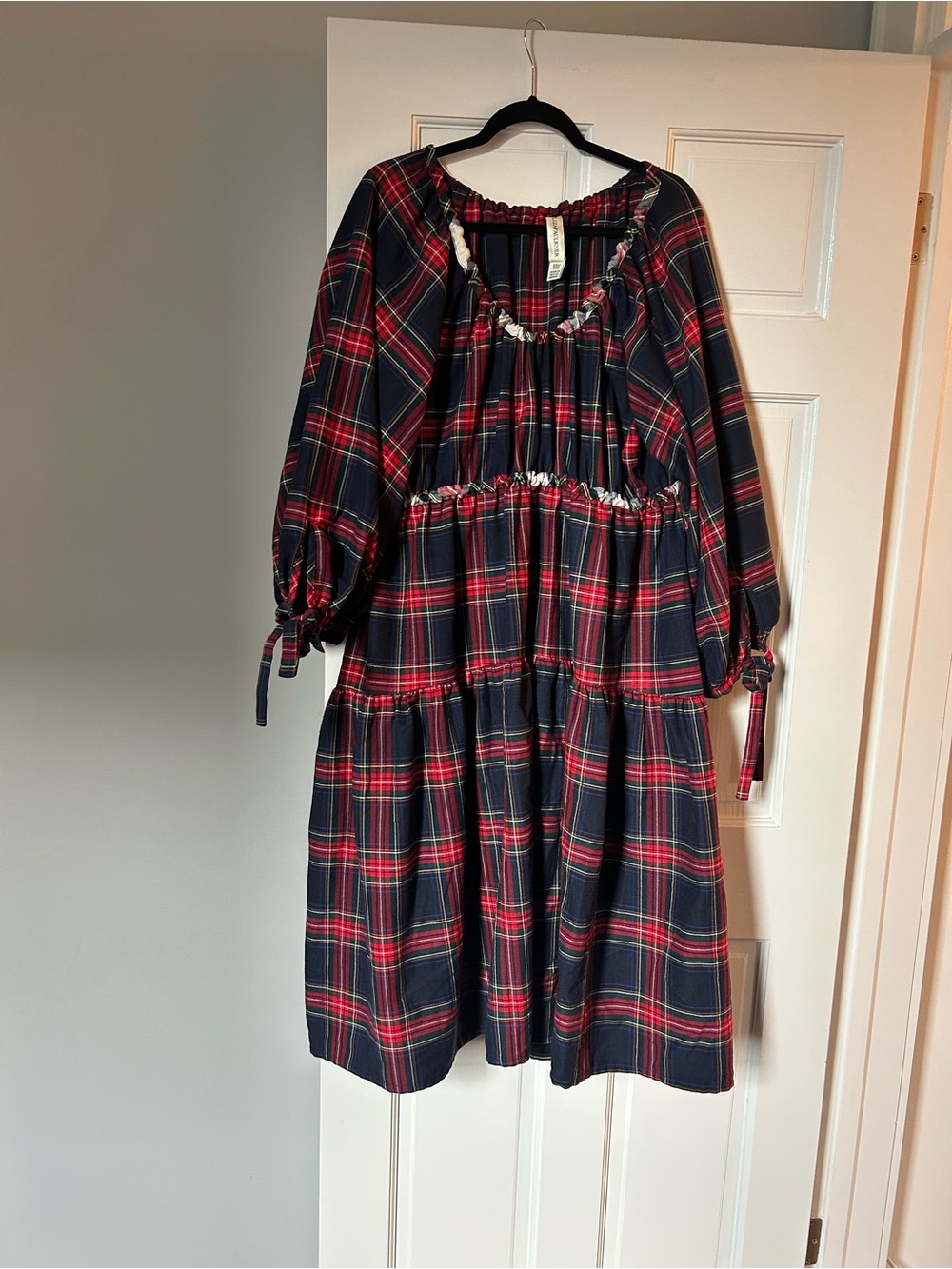 Eliza Faulkner Plaid Tiered Dress in Navy and Red XXL